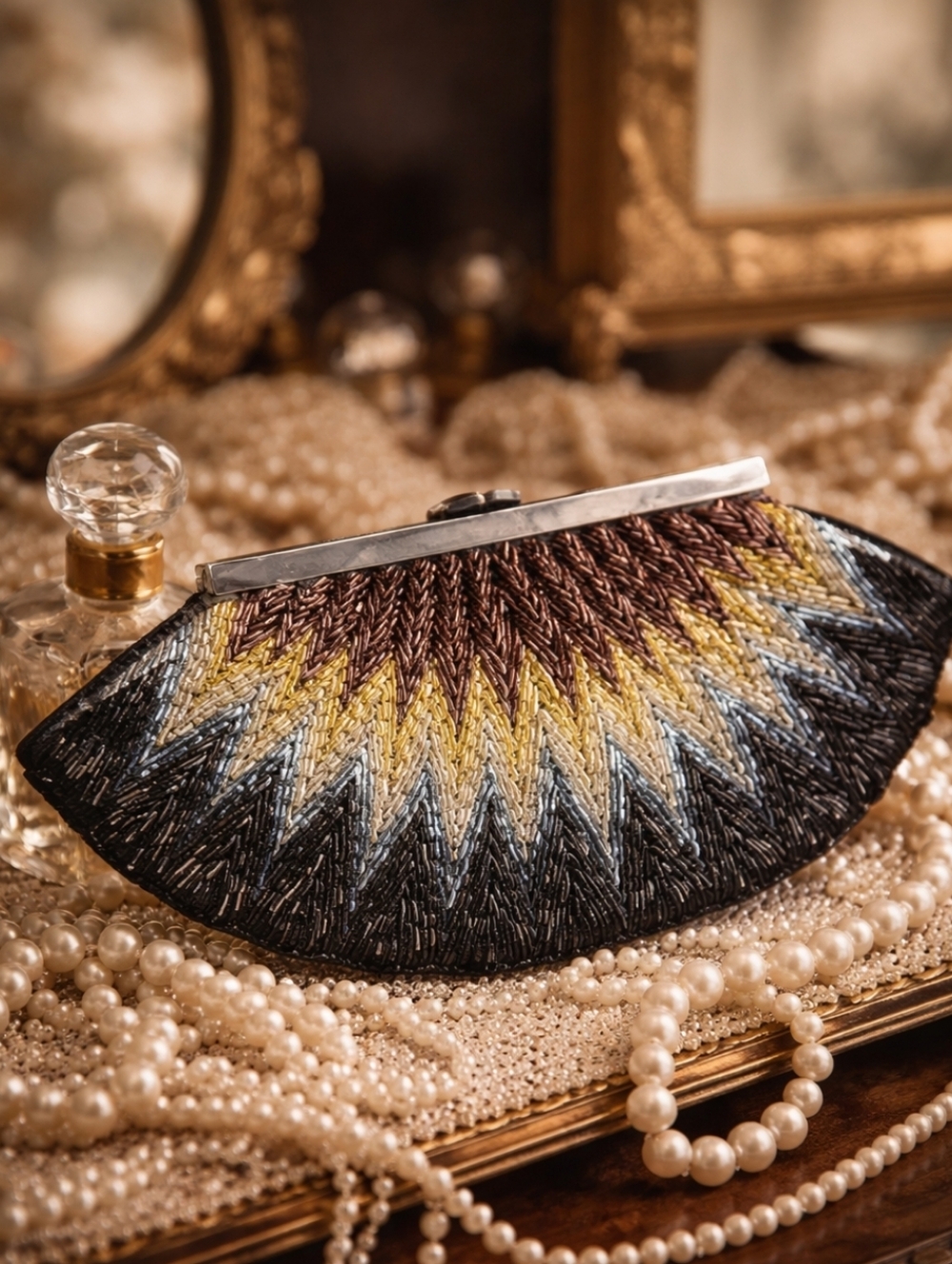 Vintage MAX New York Beaded Evening Clutch Multicolor Chevron Art Deco Style